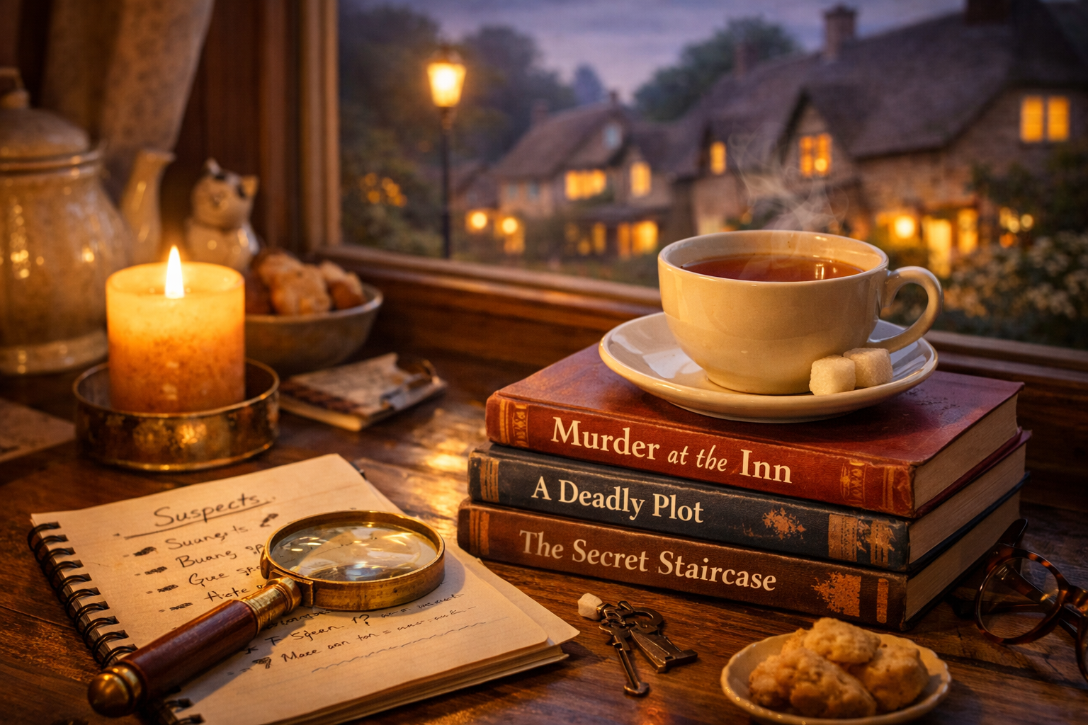 Cozy mystery books with magnifying glass and tea